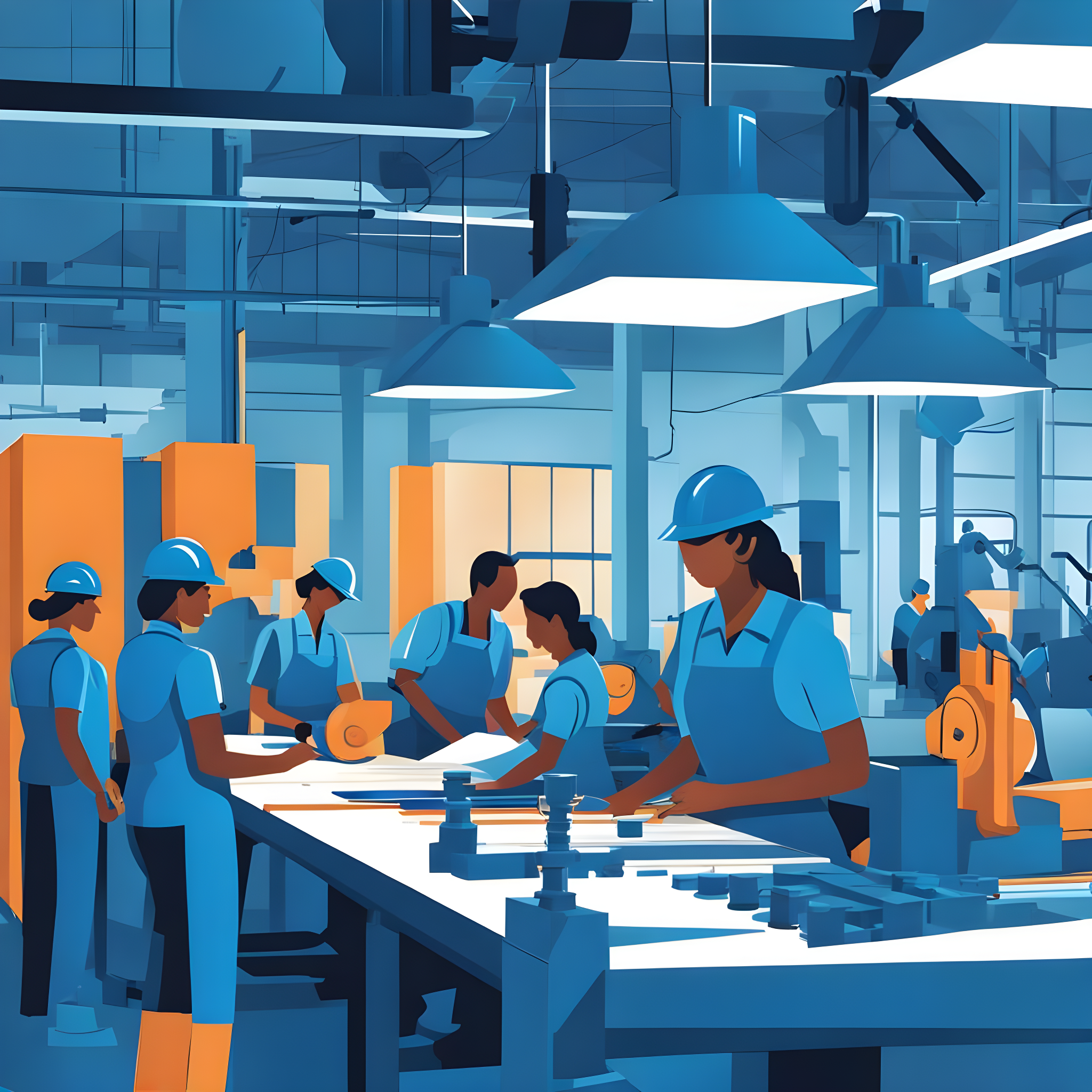 ilustración de trabajadores de un taller utilizando medidas de protección de riesgos laborales